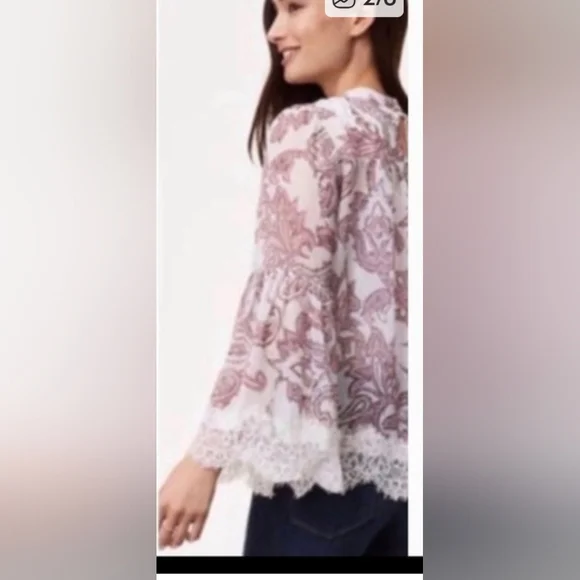 LOFT Paisley Lace Blouse - White and Pink LG *F - Picture 4 of 6